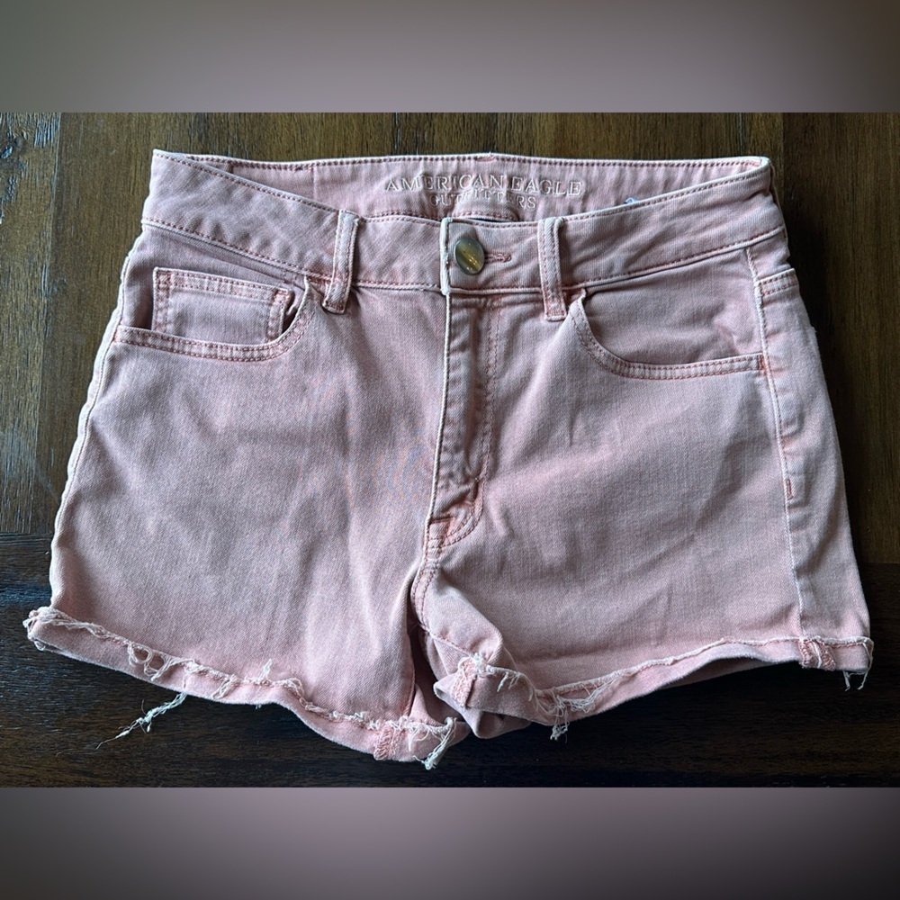 American Eagle Women's Light Pink/ Coral High-Rise Shortie Jean Shorts- size 6